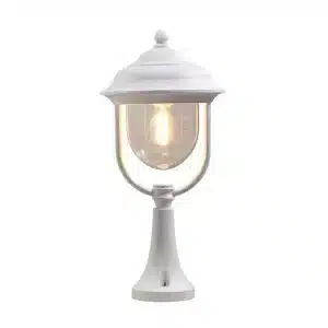 Traditional lantern style outdoor pillar light in matt white finish made from aluminium