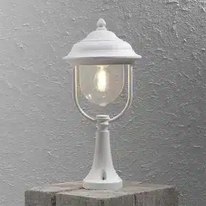 Traditional lantern style outdoor pillar light in matt white finish made from aluminium