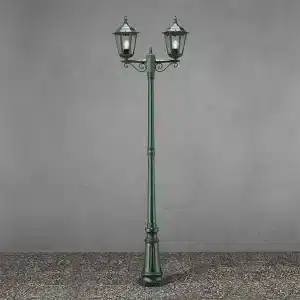 Lamp post light in green colour with twin head made from aluminium