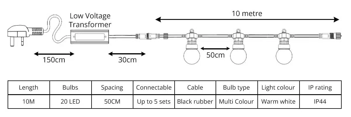 20 LED Multi Coloured Festoon Party Lights Diagram