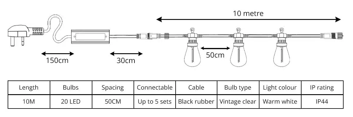 20 LED vintage festoon party lights diagram