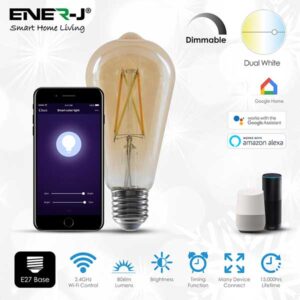 Combine modern day technology with classic looks using this round golden dimmable filament E27 Edison screw bulb. Set this smart LED bulb to warm white light colour for comfortable and cosy relaxing atmosphere. Mix technology with classic style using the LED dimmable filament E27 bulb. Create your own cosy home atmosphere warm light setting of the E27 Edison screw bulb. The vintage style golden ST64 shaped E27 Edison screw bulb with warm white colour fits table and floor lamps with classic and modern home interior. EASY TO CONTROL: Change the brightness the dimmable filament LED bulb remotely – via your smartphone or tablet, using free ENERJSMART App for Android or iOS without any subscription. You don't need a separate hub, since the smart LED light bulb connects directly to your Wi-Fi router. The E27 LED bulb supports voice control – via Amazon Alexa or Google Home. You don't need to stand up from your comfortable sofa to turn the light off, just relax! PROGRAM AND COMBINE: Even if you forget to turn off the light, don't come back! Schedule your dimmable filament E27 LED bulb to go off at 9 am or to switch on at 7 pm or as the TV goes off. BRIGHT AND LONG LASTING: The E27 LED bulb is made for general lighting. 806 lm of the dimmable LED bulb provide as much light as traditional 40W bulb, and last for 2 years if the light is on all the time. The filament E27 LED bulb consumes only 8.5W, when lights are on. Save hundreds of Euro per year with the eco-friendly and energy saving E27 bulb