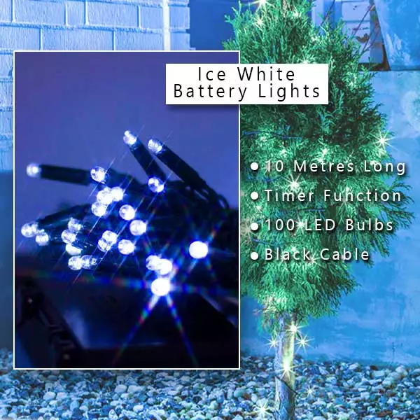 Ice white LED battery operated Christmas string lights with 100 LEDs for indoor and outdoor use