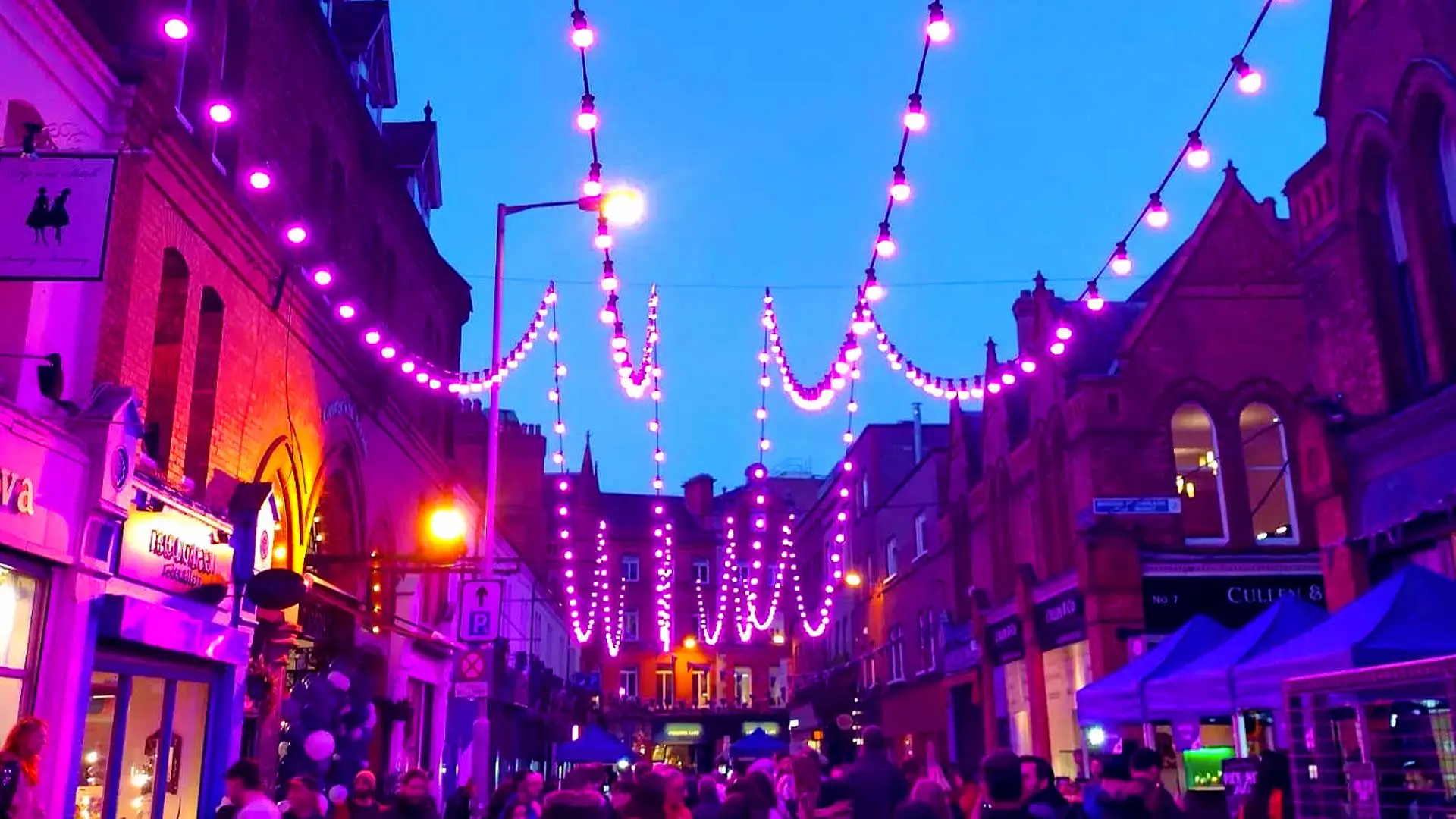 Colour changing festoon harness Purple Flag Celebration Drury street Dublin Ireland