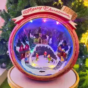 Animated musical Christmas village scene in ball design for table top decoration