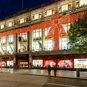 Giant red bow 2D Christmas decoration on Clery's Building