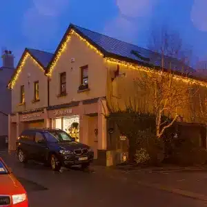 600 LED connectable cluster Christmas lights warm white roofline installation