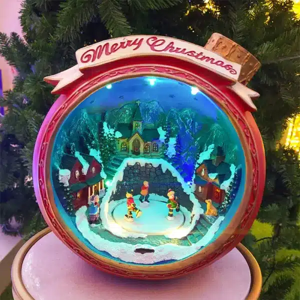 Animated musical Christmas bauble village scene illuminated green lighting