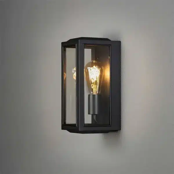 Black clear glass outdoor wall light with vintage bulb view
