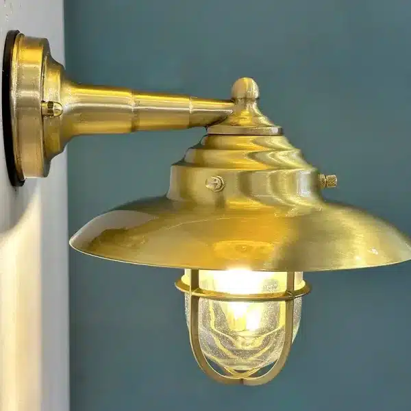 Brass oval cage outdoor wall light front side angle