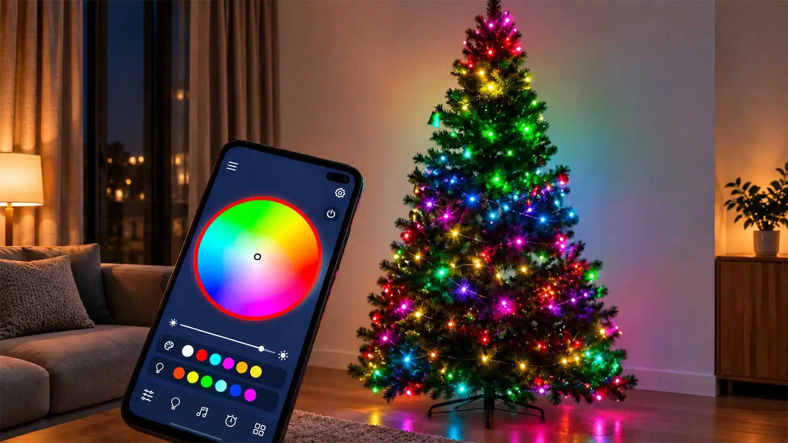 App controllable colour changing 200 LED indoor Christmas lights product display