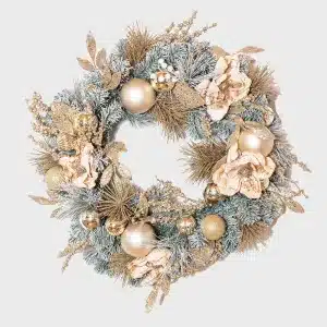 Frosted champagne and magnolia Christmas wreath 75cm pre-decorated