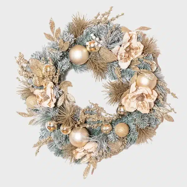 Frosted champagne and magnolia Christmas wreath 75cm pre-decorated