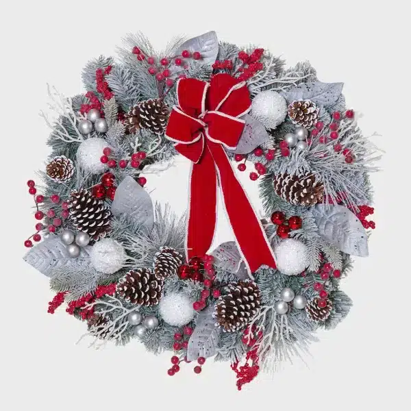 Frosted red and white Christmas wreath 75cm diameter pre decorated