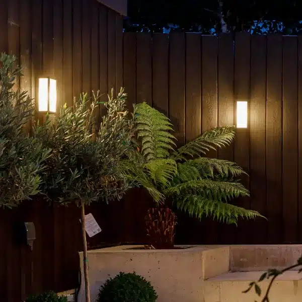 Graphite box outdoor wall light in garden