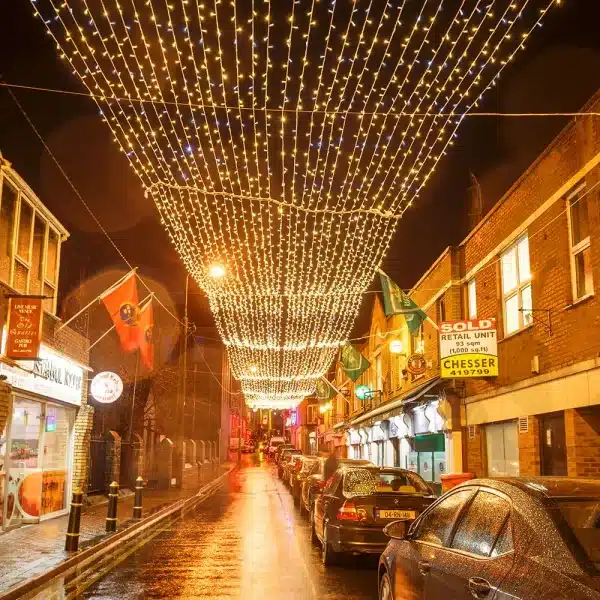 LED curtain lights 10m drop in warm white with ice white flash ceiling display front angle