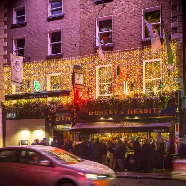 LED curtain Christmas lights 3m warm white with ice white flash on Doheny & Nesbitt building