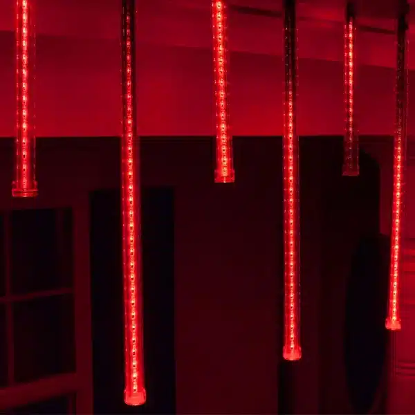 10 low voltage icicle snow tube lights red 80cm tall close up