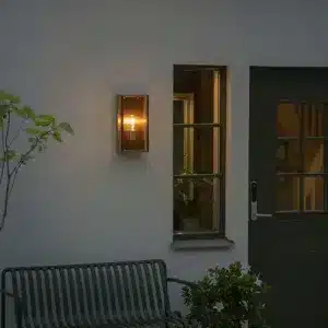 Matt black & brass outdoor wall light entrance view