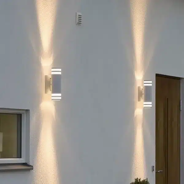 Double outdoor wall light in matt white finish, outside house display