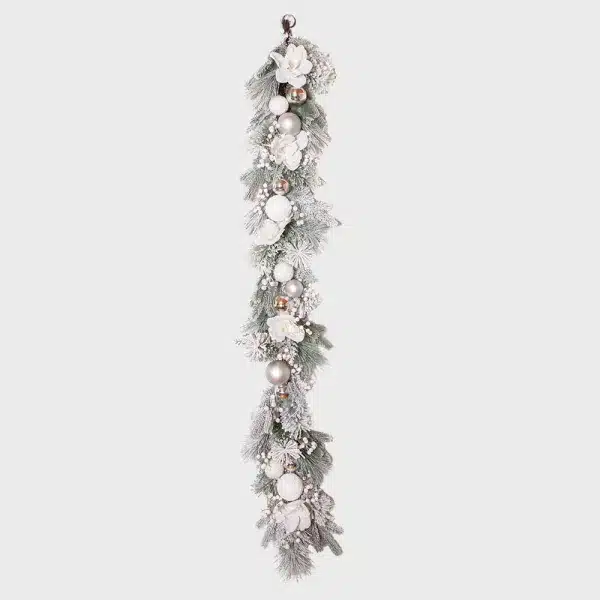 Mixed white bauble frosted Christmas garland with flowers, berries and green frosted branches