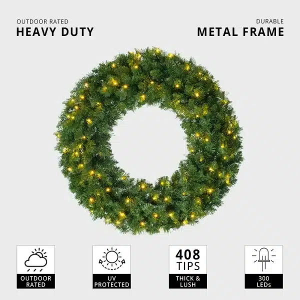 Outdoor Christmas pre-lit wreath 100cm with 408 tips and 300 LEDs features