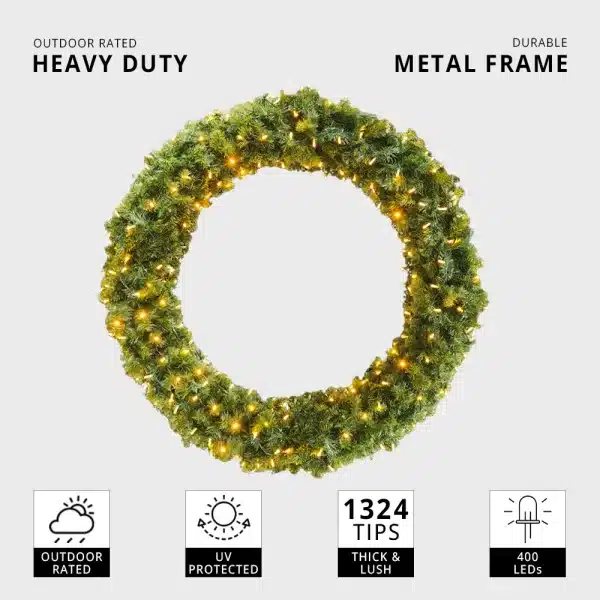 Large outdoor Christmas pre-lit wreath 150cm features