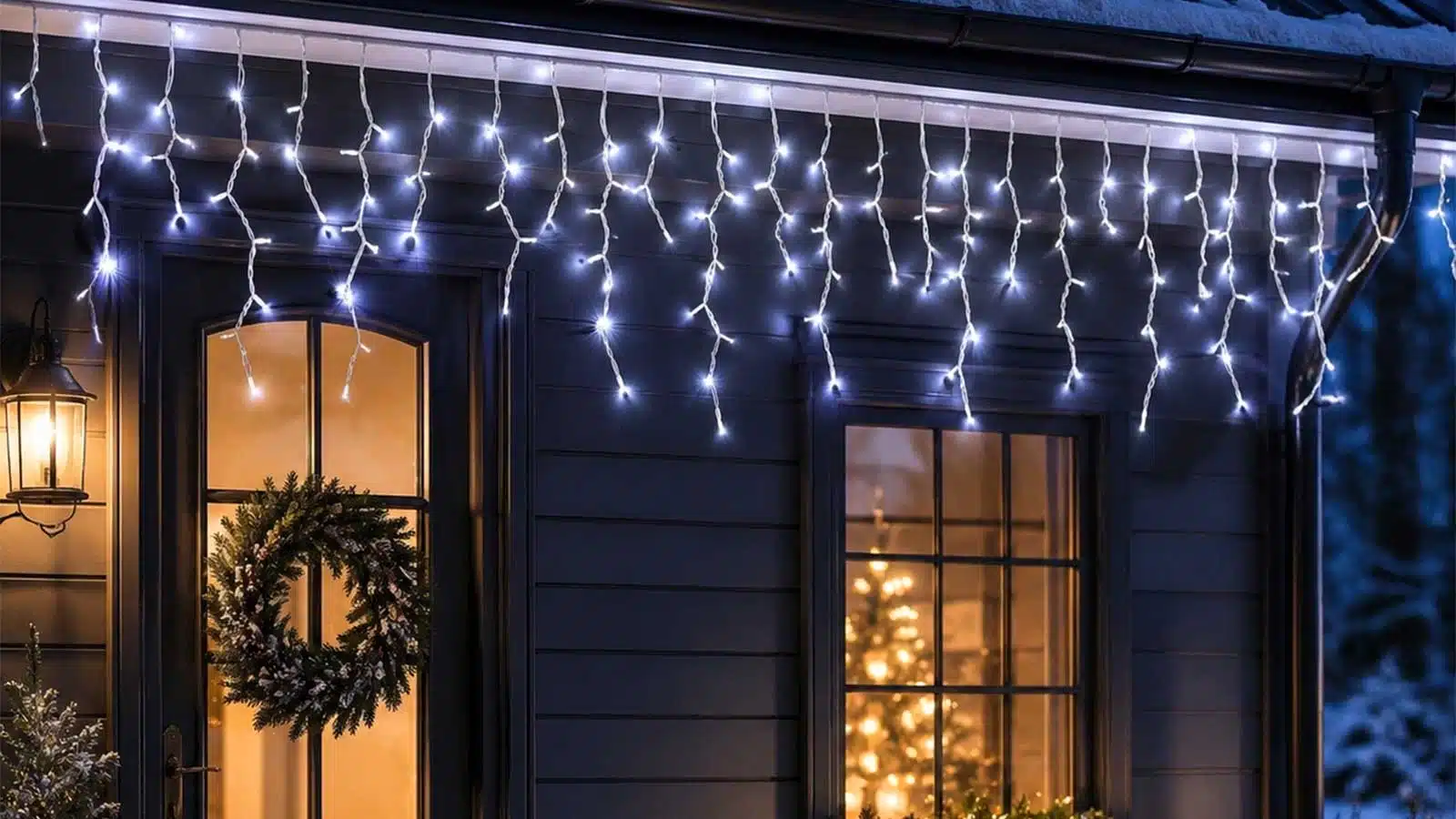 Outdoor LED icicle Christmas lights ice white flash connectable roofline display