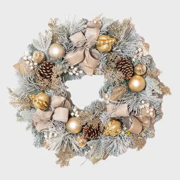 Pre decorated frosted Christmas wreath 75cm diameter with pine cones, baubles and bows