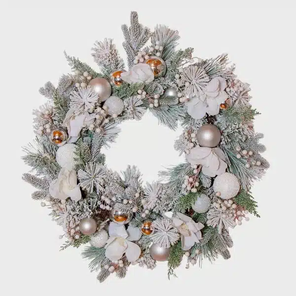 Pre decorated mixed white Christmas wreath 75cm diameter with pine cones, baubles and bows