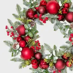 Red baubles Christmas wreath 61cm diameter close up detailed view