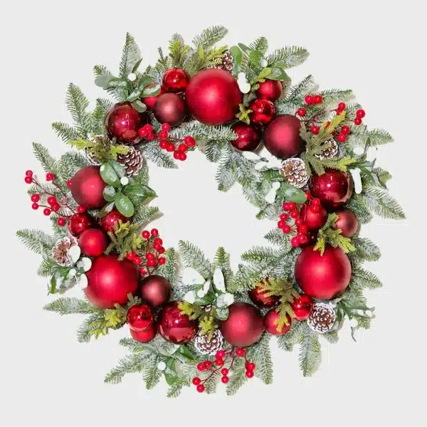 Red baubles Christmas wreath 61cm diameter with green branches and berries