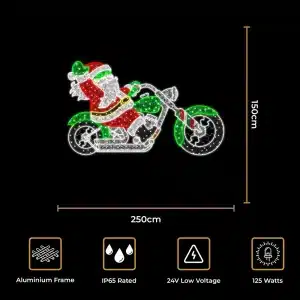 Santa on motorbike 2D Christmas decoration size and features