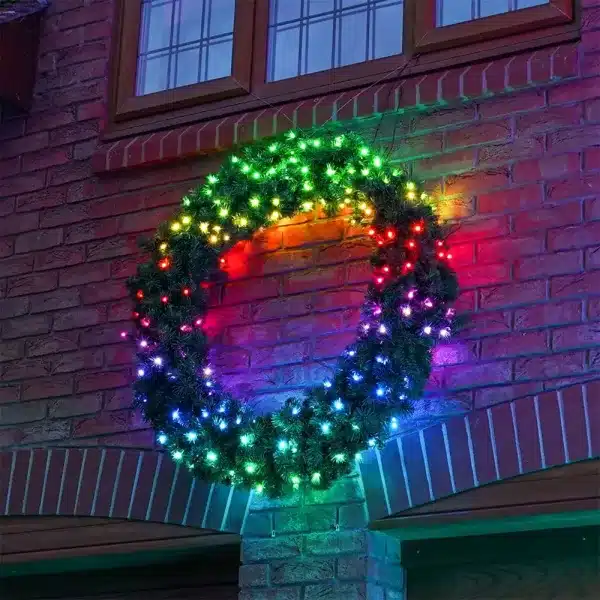 Twinkly large pre-lit outdoor Christmas wreath 150cm diameter building facade display