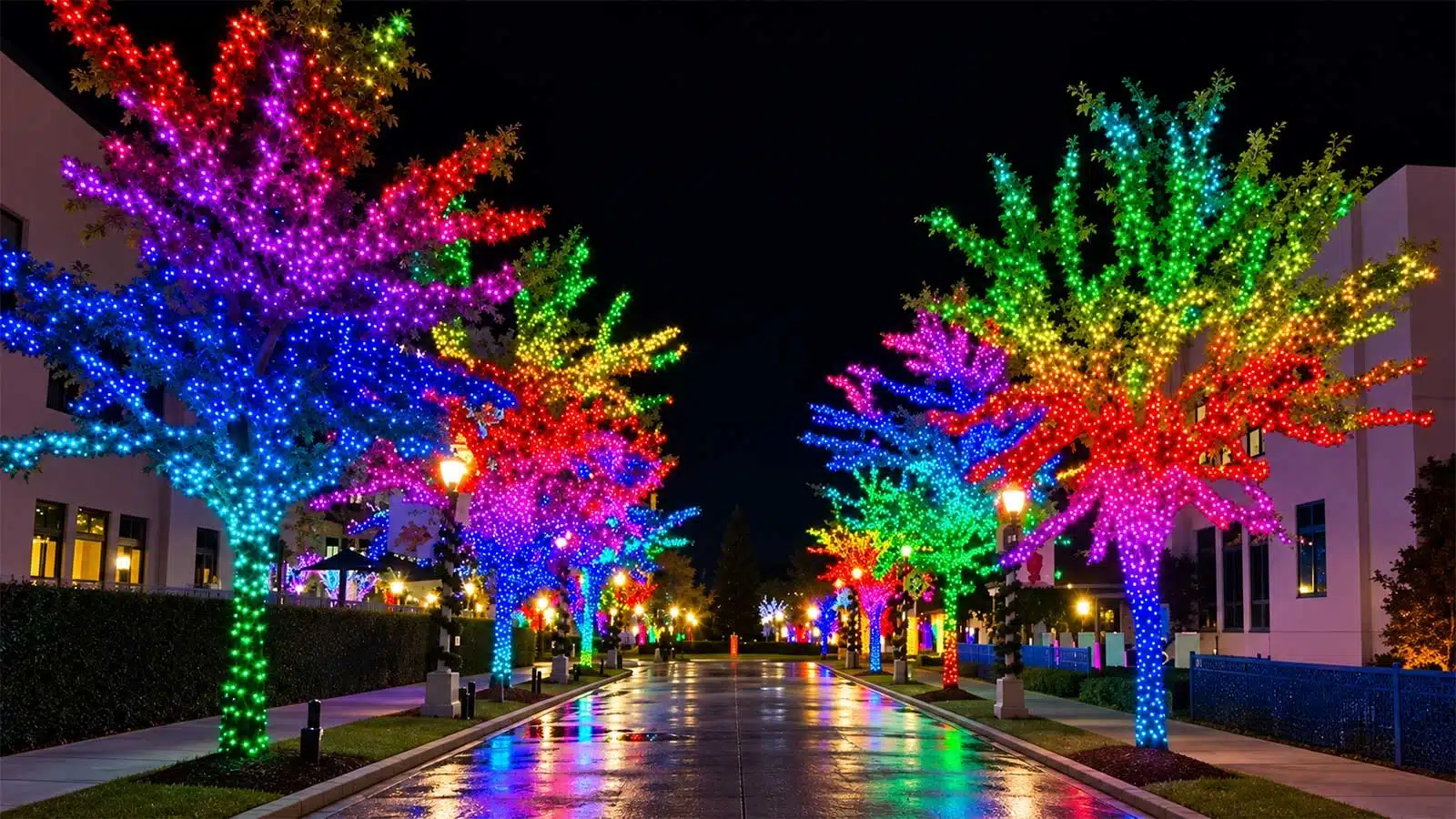 Twinkly plus RGB+W LED string lights outdoor trees display