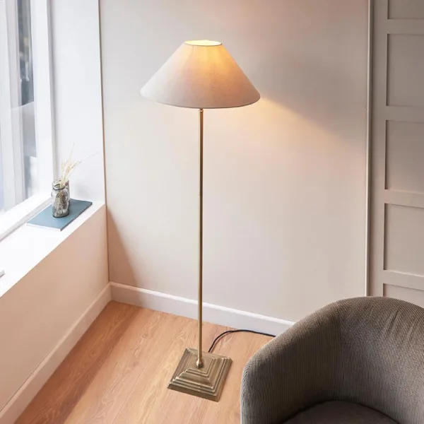 Antique Brass Floor Lamp With Natural Linen Shade