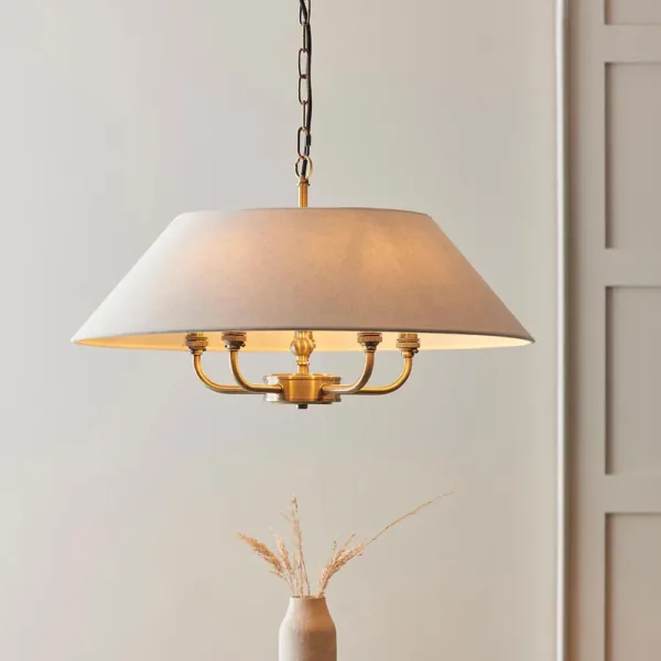 Antique Brass Pendant Light With Natural Linen Shade