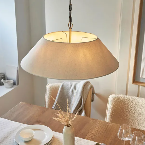 Antique Brass Pendant Light With Natural Linen Shade