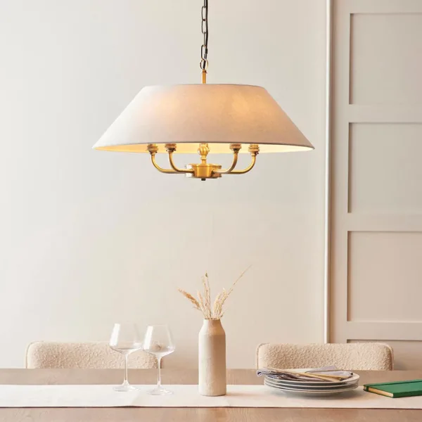 Antique Brass Pendant Light With Natural Linen Shade