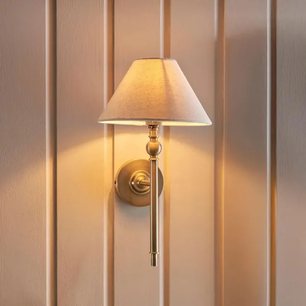 Antique Brass Wall Light With Natural Linen Shade