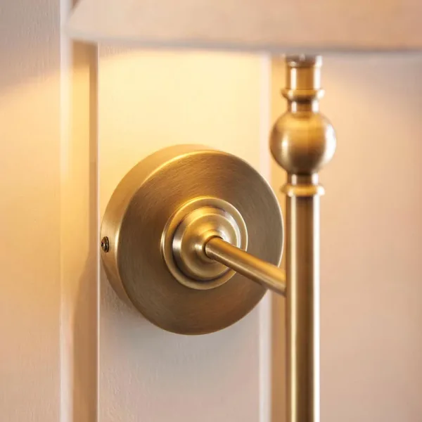 Antique Brass Wall Light With Natural Linen Shade