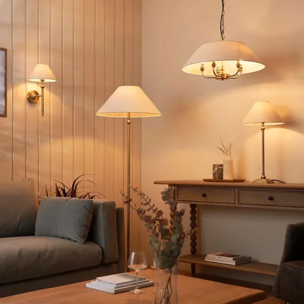Antique Brass Wall Light With Natural Linen Shade
