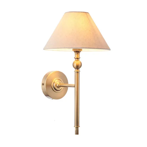 Antique Brass Wall Light With Natural Linen Shade