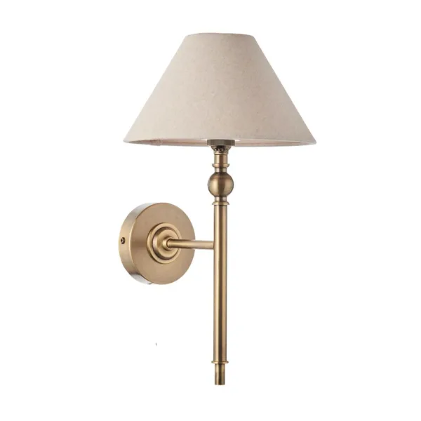 Antique Brass Wall Light With Natural Linen Shade
