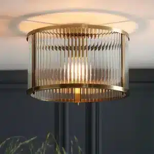 Antique brass flush ceiling pendant light with clear ribbed glass close up