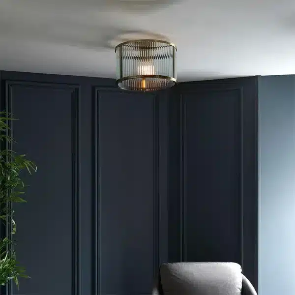 Antique brass flush ceiling pendant light with clear ribbed glass far view