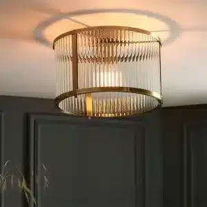 Antique brass flush ceiling pendant light with clear ribbed glass side look