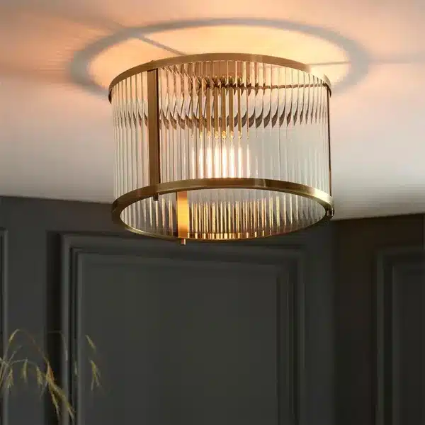 Antique brass flush ceiling pendant light with clear ribbed glass side look