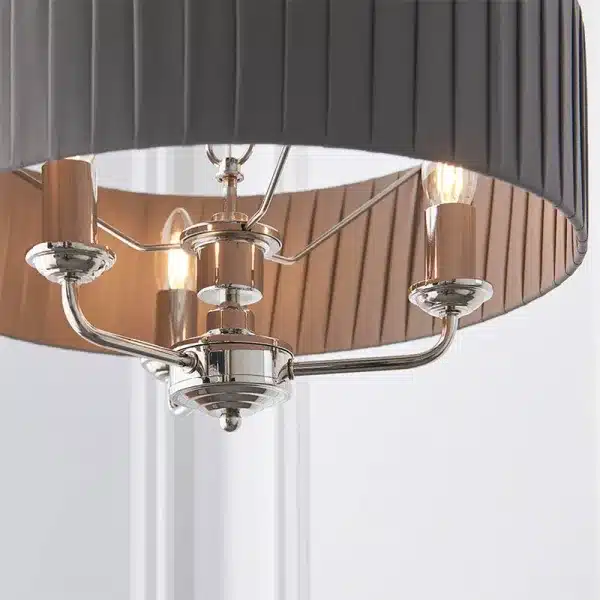 Bright nickel multi arm pendant light with charcoal fabric shade 3 arm design