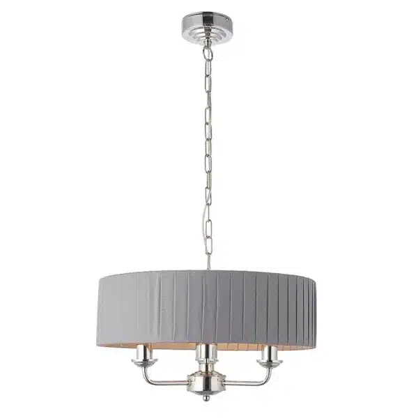 Bright nickel multi arm pendant light with charcoal fabric shade height adjustable
